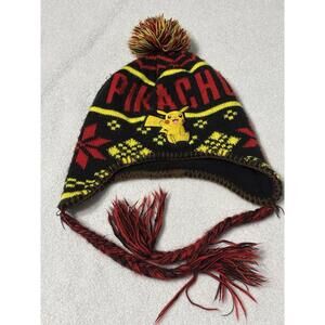 Pokemon Pikachu Pom-pom long string Knit Hat Cap Red Black Yellow